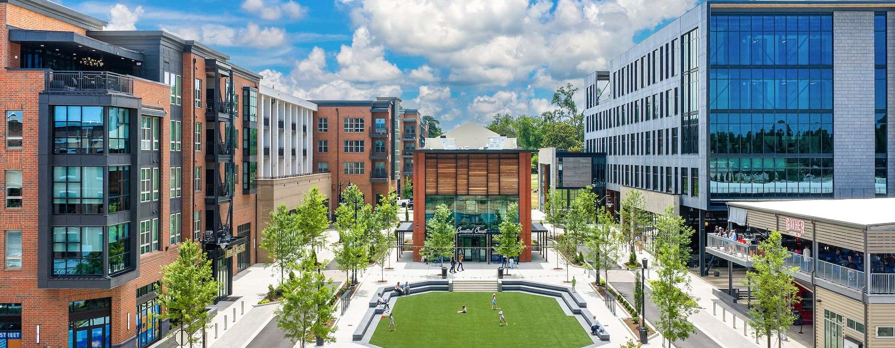 a courtyard surrounded by buildings